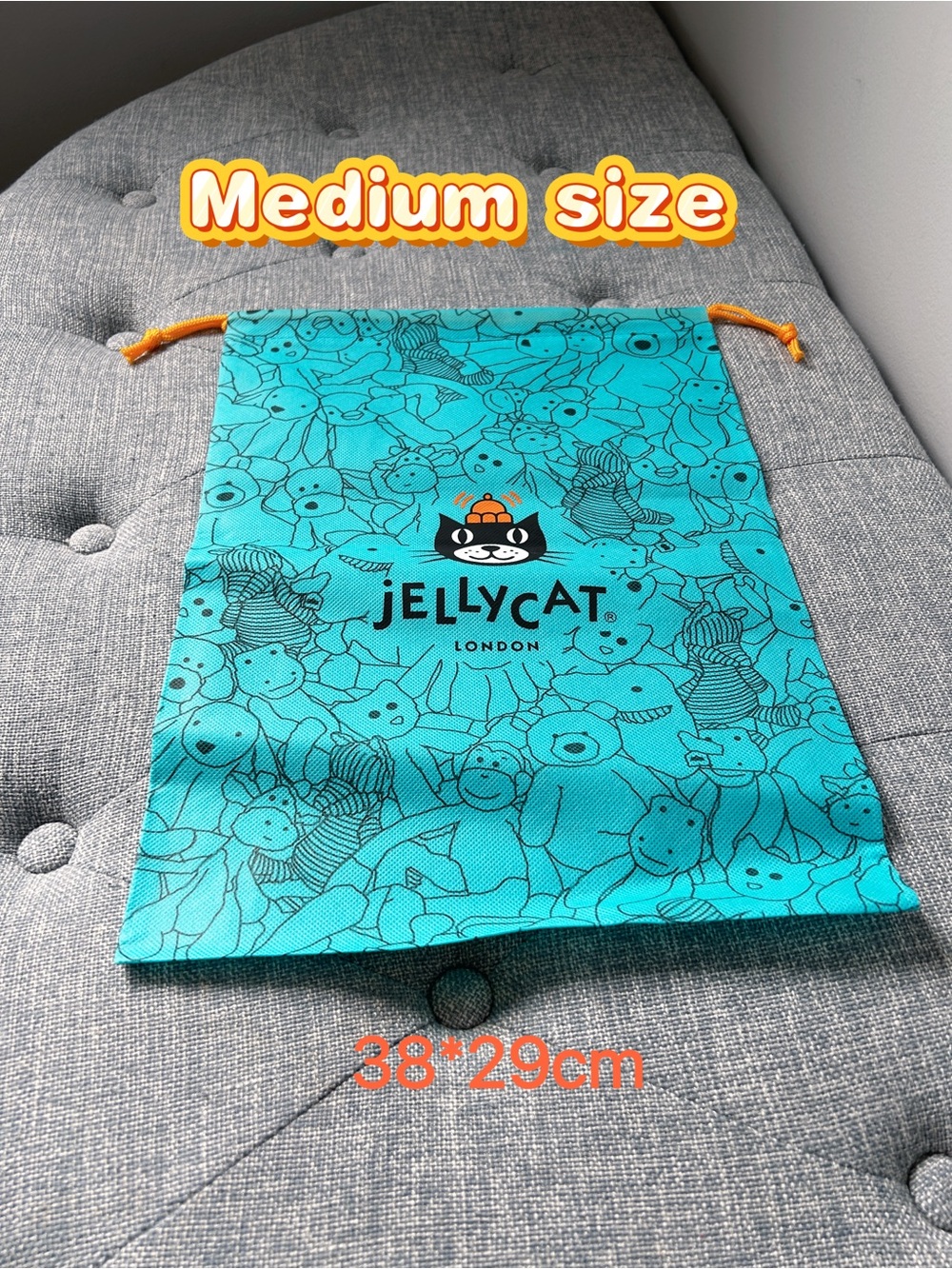 Jellycat turquoise pouch with orange drawstrings -Brand New Medium size